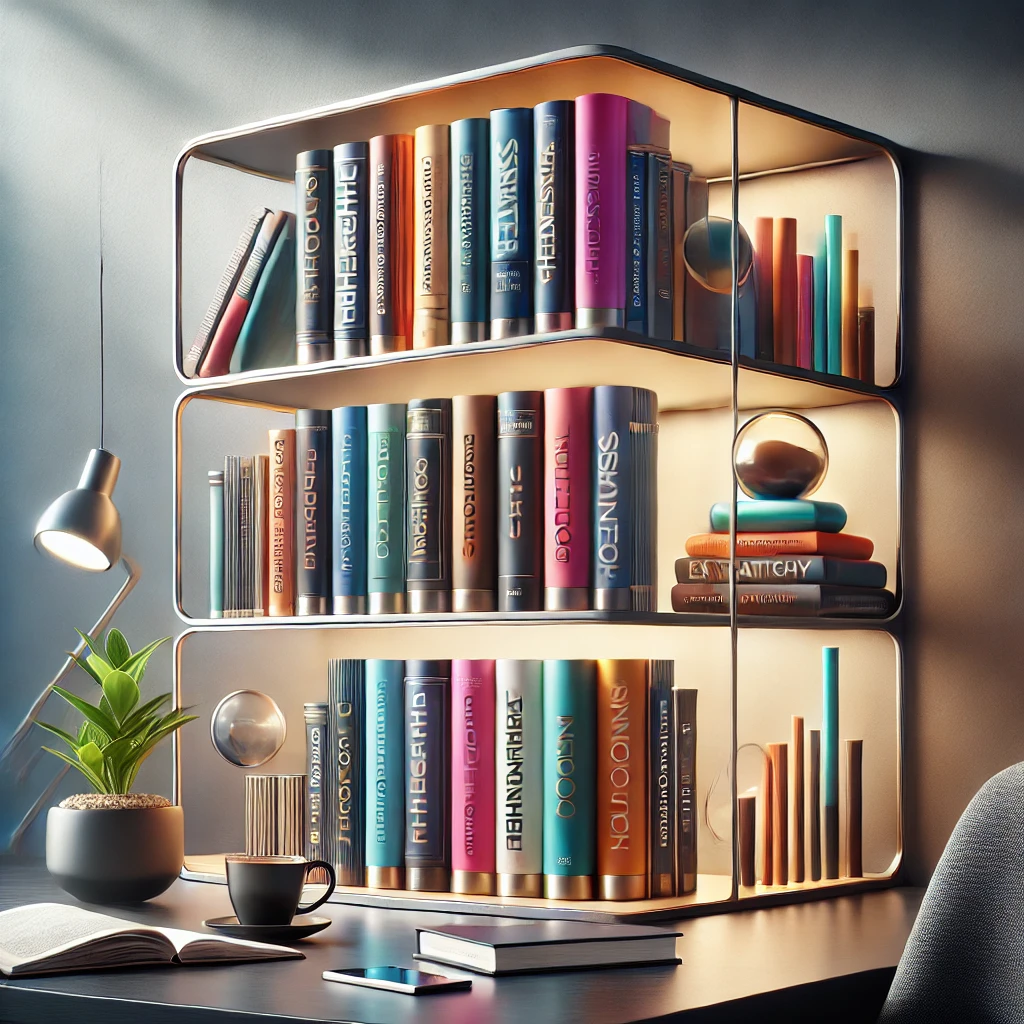 The Top 10 Must-Read Books Every Aspiring CEO Needs on Their Bookshelf 2 A visually striking image featuring a modern bookshelf with sleek design, filled with a variety of professional and business-themed ceo books.