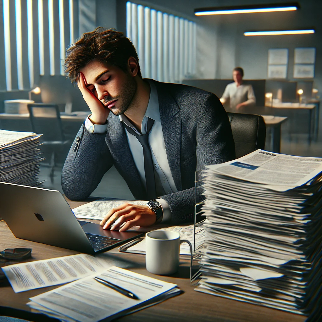 An office worker suffering from workplace burnout