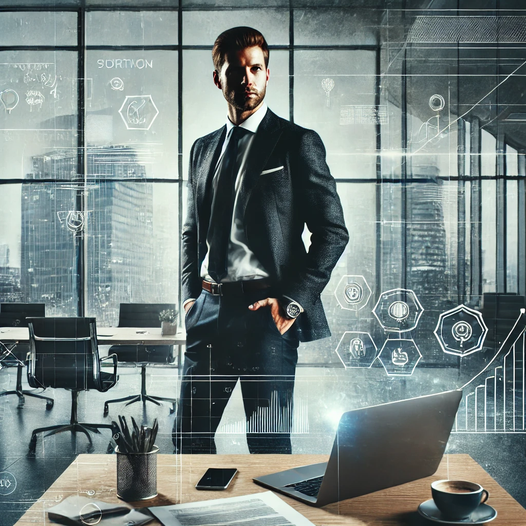 Entrepreneur Books An Entrepreneur portrayed in a modern office reflecting on entrepreneur books