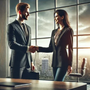 Starting a Business: A Beginner’s Guide to Taking the Leap 1 An image of two businesspeople shaking hands that signifies a deal being done and success in starting and running a business