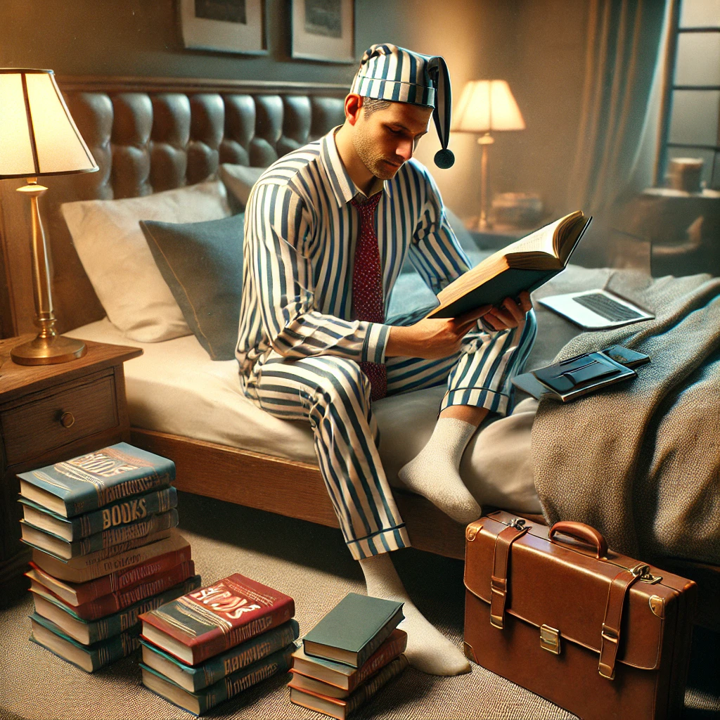 2 Must Read Entrepreneur Books 4 A Businessman in bed reading from his selection of entrepreneur books